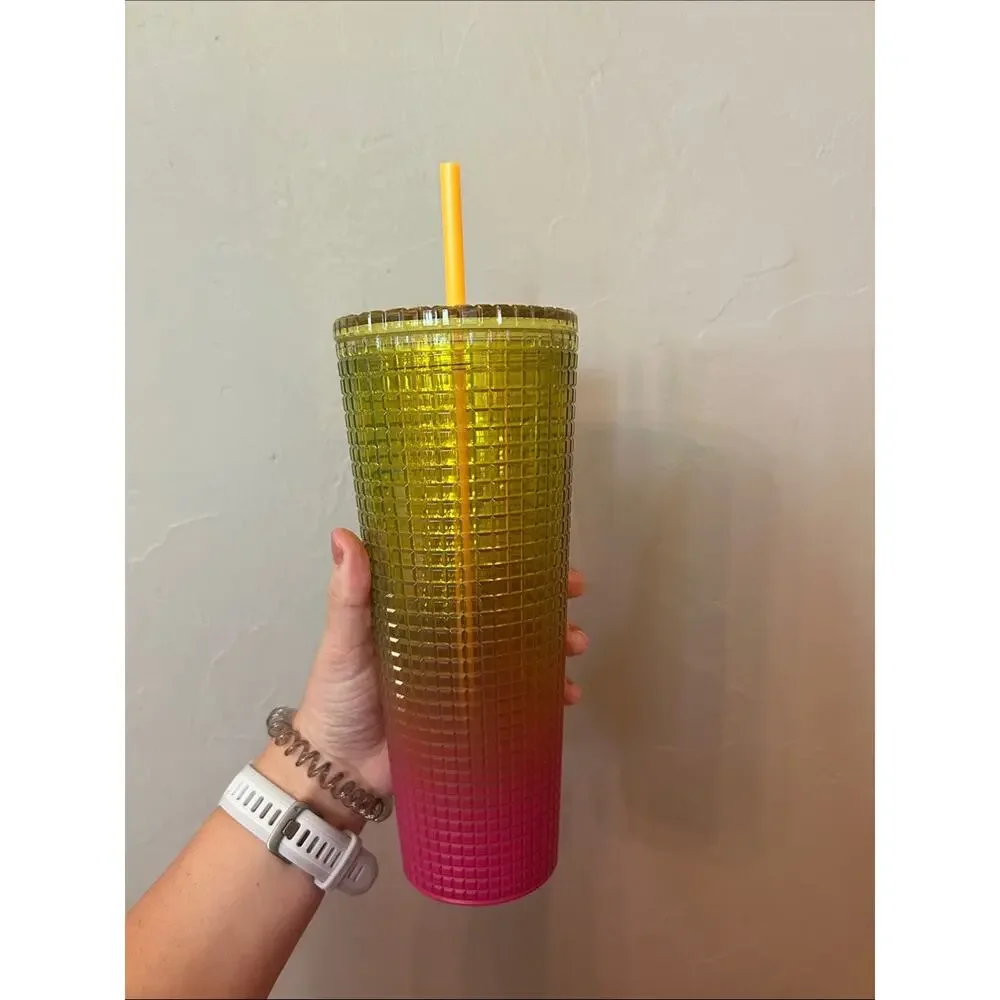 Starbucks Yellow to Pink Grid Tumbler with Yellow Straw